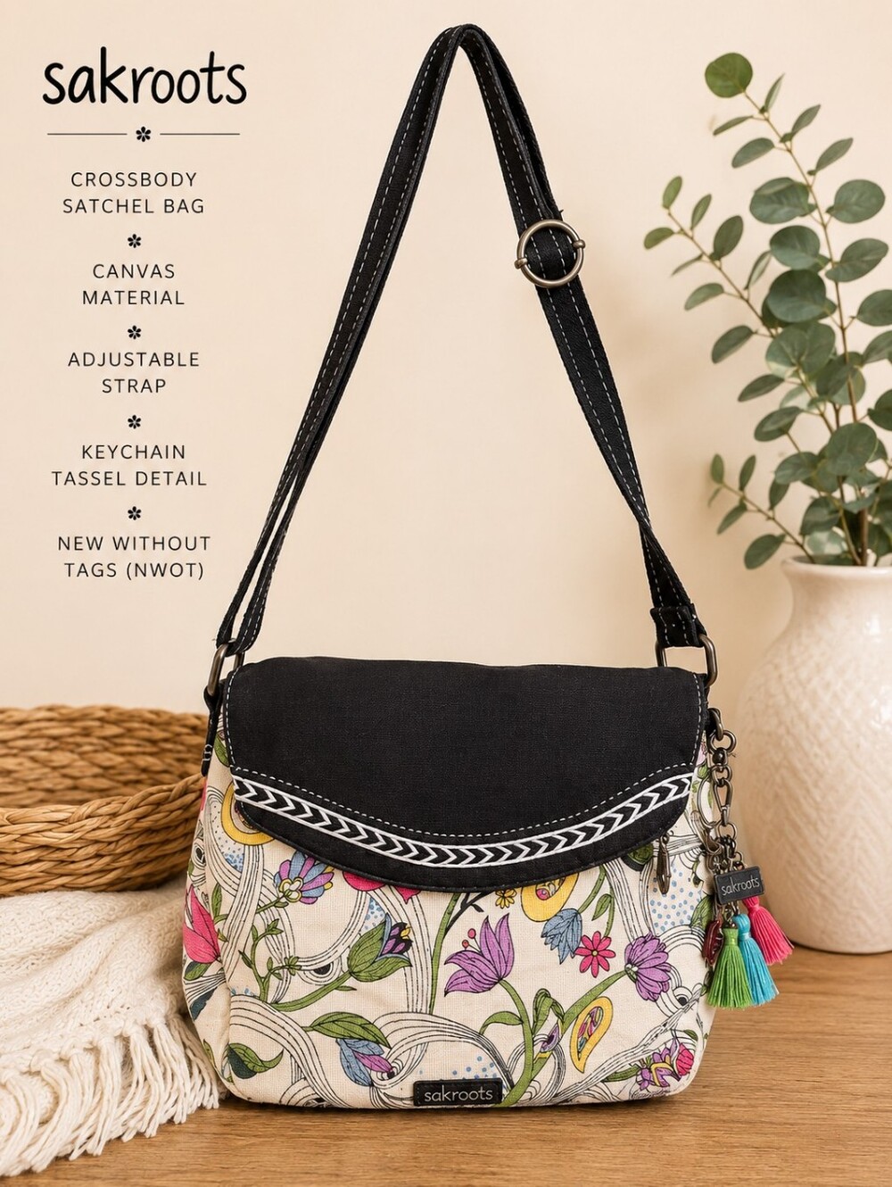 Sakroots Black Canvas Floral Crossbody Bag with Multicolor Tassels NWOT